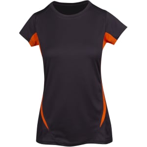 A women's T-shirt featuring a black main body with orange accents and a logo on the front.