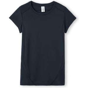 A women's accelerator cool-dry T-shirt in navy blue, featuring short sleeves and a fitted design, with a logo.