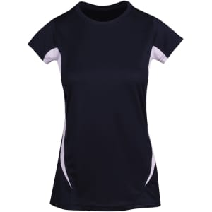 A women's T-shirt in navy blue with light grey side panels and a fitted design, featuring a logo.