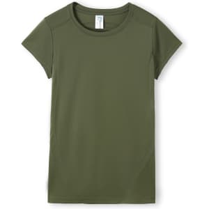 A green women's t-shirt with short sleeves, featuring a logo and a simple design.