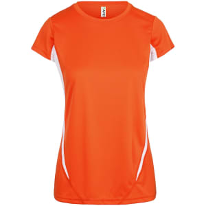 An orange women's T-shirt with short sleeves, featuring white side panels and a logo.