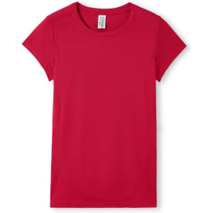 A red women's T-shirt with short sleeves and a fitted design, featuring a logo.