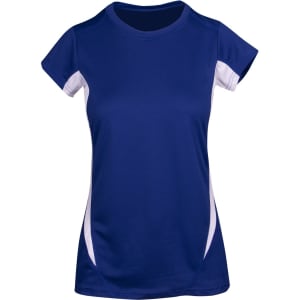 A women's T-shirt in navy blue with white accents and a logo on the front. Short sleeves and a sporty design.