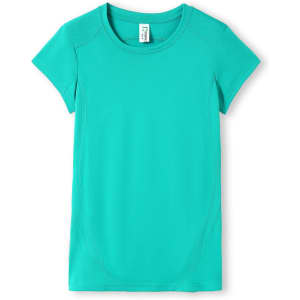 A women's short-sleeve T-shirt in teal, featuring a fitted design and a logo.