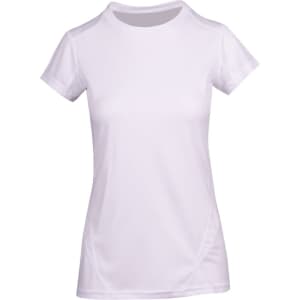 A white women's t-shirt with short sleeves and a fitted design, featuring a logo.