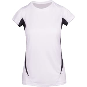 A white women's T-shirt with black accents, featuring short sleeves and a fitted design. It has a logo on it.