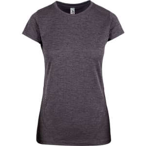 A lightweight women's T-shirt in dark grey, featuring short sleeves and a fitted design. It has a logo on the label.