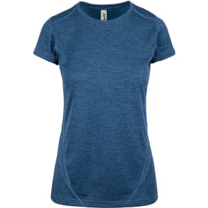 A blue women's T-shirt made of 100% polyester, featuring a logo and a sporty design.
