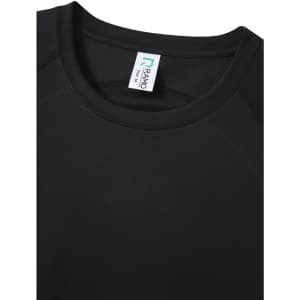 A black men's t-shirt with a round neckline, featuring a label and stitching details.