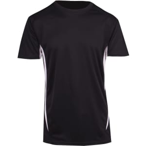 A black men's T-shirt featuring white side accents and a logo on the chest.