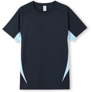 A navy blue and light blue men's t-shirt with short sleeves and a logo.