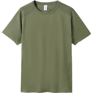 A green men's cool dry T-shirt featuring short sleeves and a simple design with a logo.
