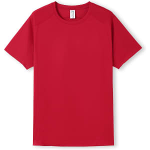 A red men's T-shirt made from cool-dry fabric, featuring short sleeves and a logo on the label.