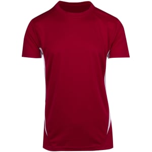 A red men's T-shirt with short sleeves and white side accents, featuring a logo.