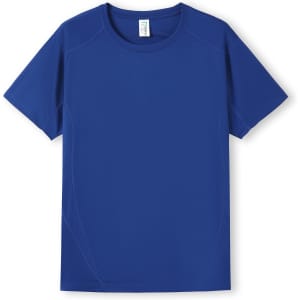 A blue men's T-shirt made from cool dry fabric, featuring short sleeves and a logo.