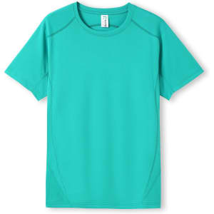 A turquoise men's T-shirt with a sleek design and logo, made from cool dry fabric.