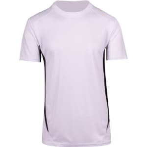 A white men's T-shirt featuring black side accents and a logo, made from cool dry fabric.