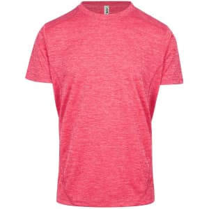 A red heathered T-shirt made from 100% polyester featuring a round neck and short sleeves. It has a logo on it.