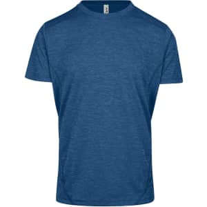 A blue, unisex polyester T-shirt with a simple design and a logo on the label.