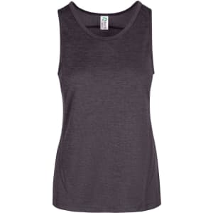 A women's singlet in dark grey, made from 100% polyester, featuring a logo on the label.