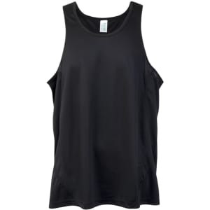 A black men's singlet made from cool dry fabric, featuring a logo on the design.