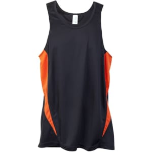 A black singlet featuring orange side panels and a logo. Ideal for comfortable, dry wear.