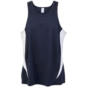 A navy blue singlet with white side panels, featuring a logo on the chest area.