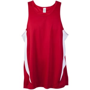 A red singlet with white side panels, featuring a logo. Perfect for sports and casual wear.