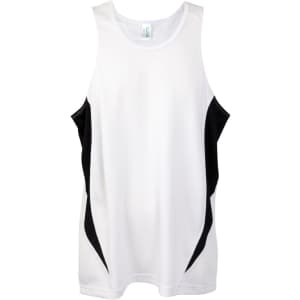 A white and black men's singlet featuring a sleek design and a logo on the label.