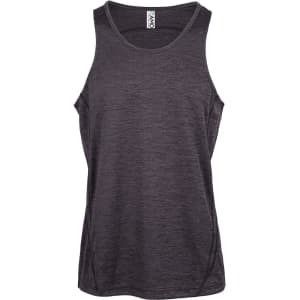 A dark grey singlet made of 100% polyester, featuring a simple design and a logo on the label.