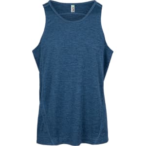 A blue singlet made of 100% polyester, featuring a logo and a lightweight design.