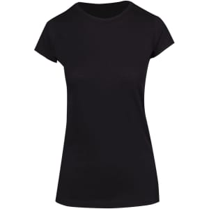 A black athletic t-shirt with a fitted design and short sleeves, featuring a logo on the front.
