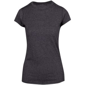 A women's athletic T-shirt in a dark grey colour, featuring a fitted design and short sleeves. It has a logo.