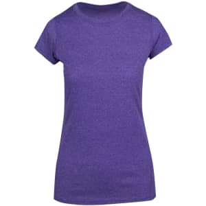 A purple women's athletic T-shirt with short sleeves and a fitted design, featuring a logo.