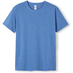 A blue heather T-shirt with a round neckline and short sleeves, featuring a logo.