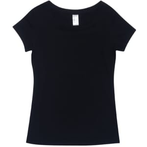 A black women's cotton/spandex T-shirt featuring a fitted design and short sleeves. It has a label inside.