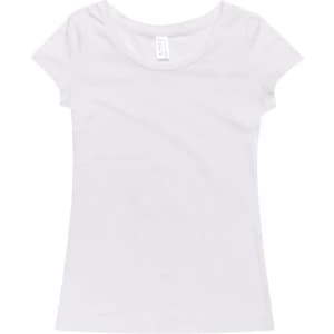 A white women's cotton/spandex T-shirt with a fitted design and short sleeves. It features a logo on the label.
