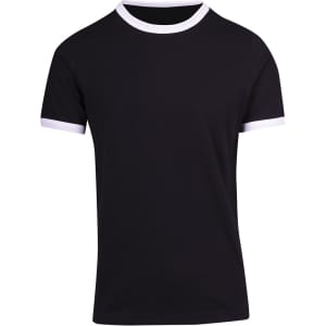 A black unisex ringer t-shirt featuring white collar and sleeve accents, with a logo on the front.