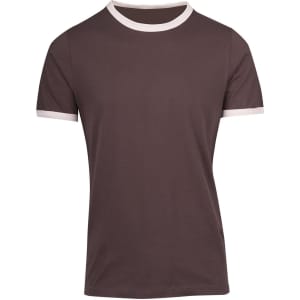 A men's unisex ringer T-shirt in brown with white trim on the neckline and sleeves. It features a logo.