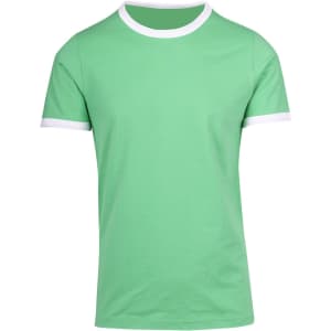 A green ringer T-shirt with white contrasting trim on the collar and sleeves, featuring a logo.