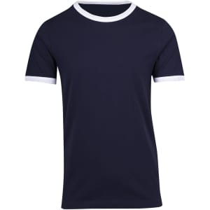 A navy blue unisex ringer T-shirt with white contrast trimming around the neckline and sleeves.