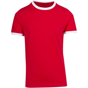 A red ringer T-shirt with white collar and sleeve accents. Features a logo on the front.
