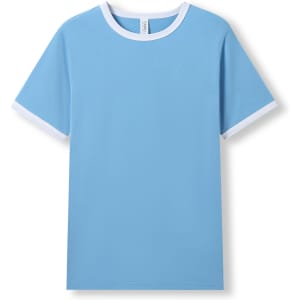 A light blue unisex ringer T-shirt with white collar and sleeve trim, featuring a logo.