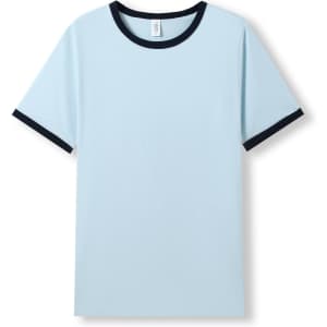A light blue ringer T-shirt featuring dark navy trim around the collar and sleeves, with a label at the neck.
