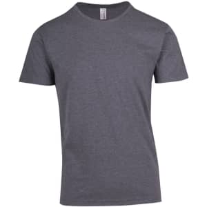 A grey heavy marl t-shirt with a round neck and short sleeves. It features a logo on the label.
