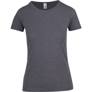 A grey marl women's t-shirt with a round neckline and short sleeves. It features a logo on the label.
