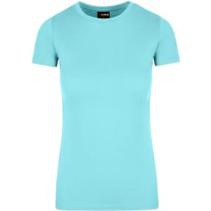 A mint green women's T-shirt with short sleeves, featuring a logo at the neckline.