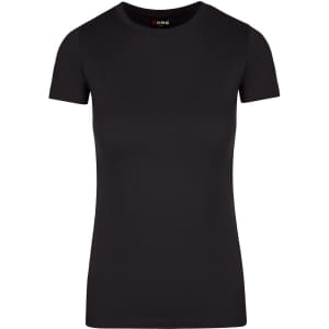 A black women's T-shirt with a classic crew neck and short sleeves, featuring a brand logo.