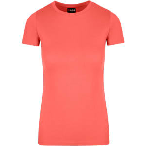 A women's t-shirt in coral colour with a classic crew neckline and short sleeves. It features a logo on the label.