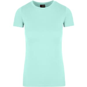 A mint green women’s t-shirt with a fitted design and short sleeves. It features a logo on the neckline.